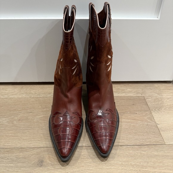 Van Eli Jeska Womens Western Boots Leather/Suede Mid Calf Pull Tab W/ Rhinestone - Picture 2 of 7